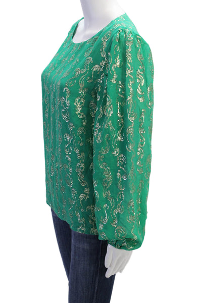 Lily Pulitzer Womens Silk Metallic Print Peasant Sleeve Blouse Green Size M