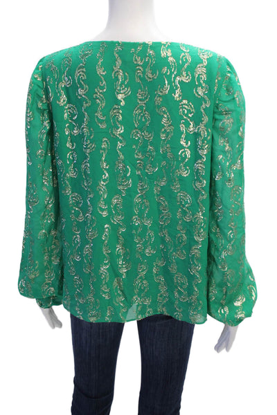 Lily Pulitzer Womens Silk Metallic Print Peasant Sleeve Blouse Green Size M
