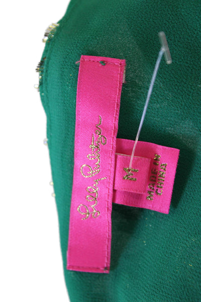 Lily Pulitzer Womens Silk Metallic Print Peasant Sleeve Blouse Green Size M