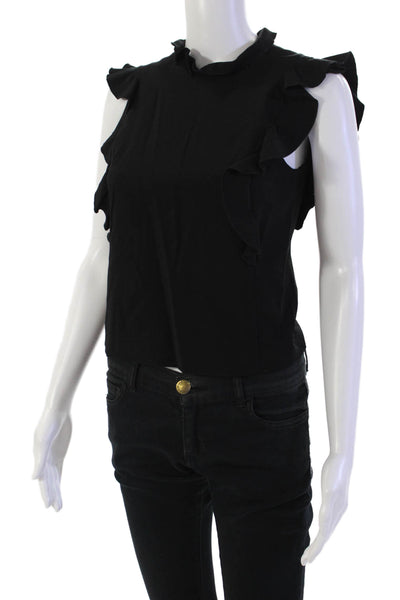 Rebecca Taylor Womens Mock Neck Ruffled Short Sleeves Blouse Black Size 0