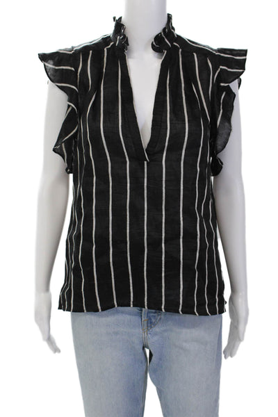 Sandro Paris Womens Linen Sleeveless Striped Deep V-Neck Blouse Top Black Size 1