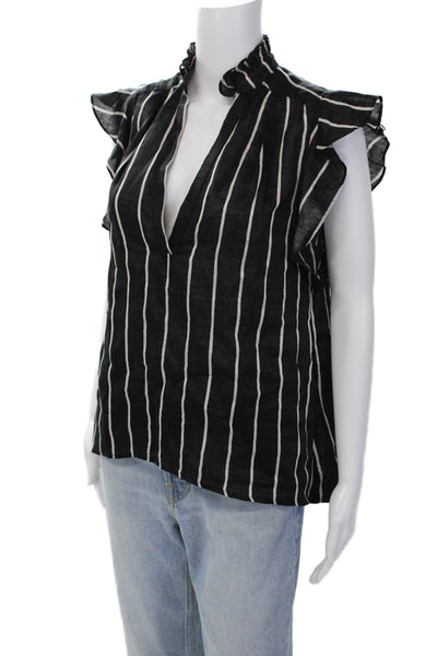 Sandro Paris Womens Linen Sleeveless Striped Deep V-Neck Blouse Top Black Size 1