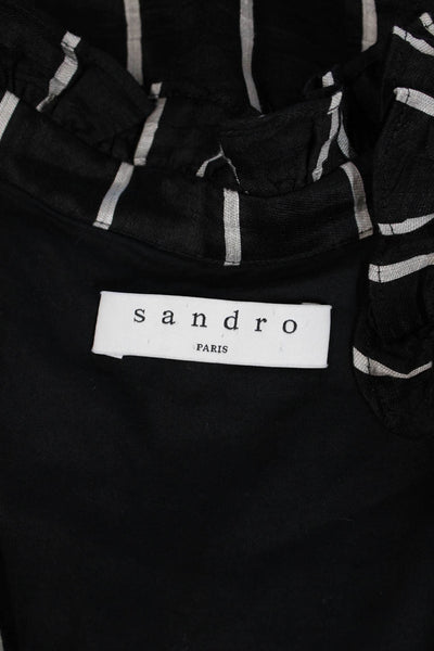 Sandro Paris Womens Linen Sleeveless Striped Deep V-Neck Blouse Top Black Size 1