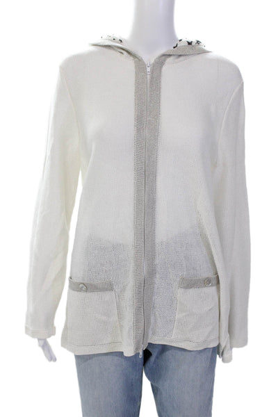 Sportsworks Studio Womens Full Zippered Hooded Open-Knit Sweater White Size M