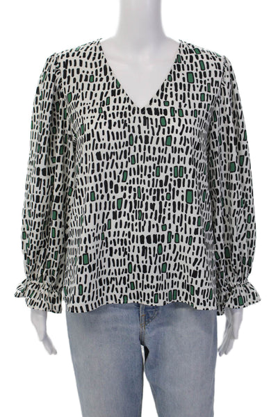 Crosby By Mollie Burch Womens Geometric Pattern Long Sleeve White Blouse Size M