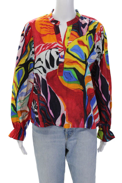 Maude Vivante Womens Cotton Abstract Print Long Sleeve Blouse Multicolor Size XL