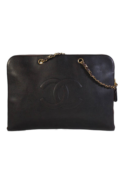 Chanel Womens Leather Chain Strap Zip Up Briefcase Portfolio Bag Brown