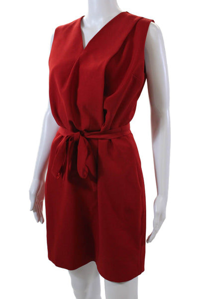 Halston Womens Back Zip Sleeveless V Neck Tie Front Sheath Dress Red Size 6