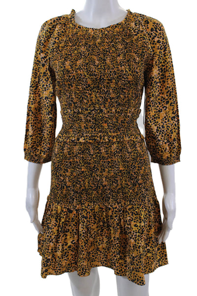 Saylor Womens 3/4 Sleeve Crew Neck Leopard Smocked Dress Brown Size Medium