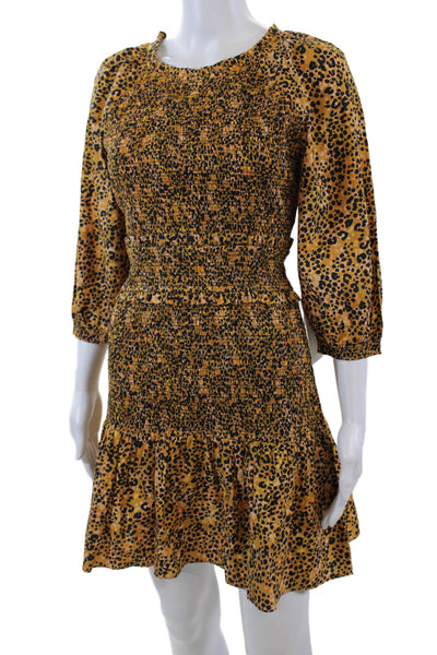 Saylor Womens 3/4 Sleeve Crew Neck Leopard Smocked Dress Brown Size Medium