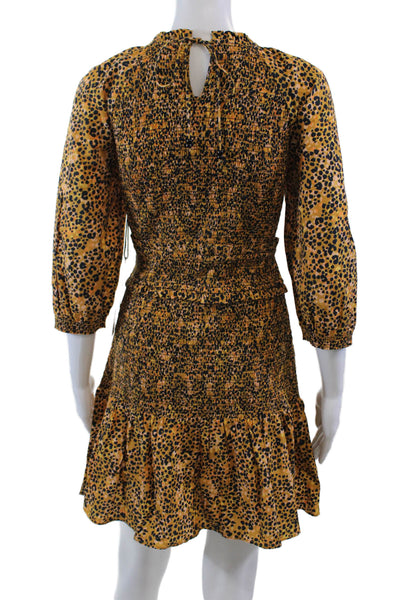 Saylor Womens 3/4 Sleeve Crew Neck Leopard Smocked Dress Brown Size Medium