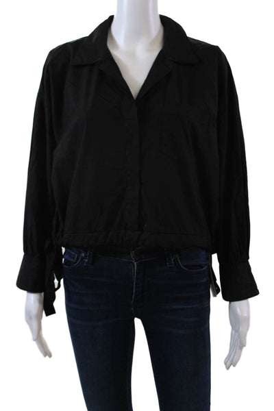 Stateside Womens 3/4 Sleeve Collared Cropped Shirt Black Cotton Size Extra Small
