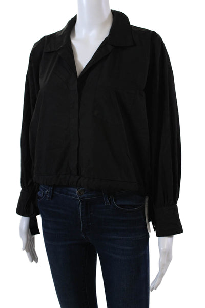 Stateside Womens 3/4 Sleeve Collared Cropped Shirt Black Cotton Size Extra Small
