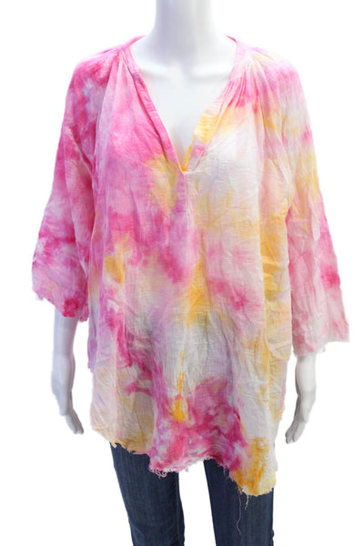 Love Tanjane Womens Cotton V-neck Tie Dye Casual Short Sleeve Blouse Multi Size