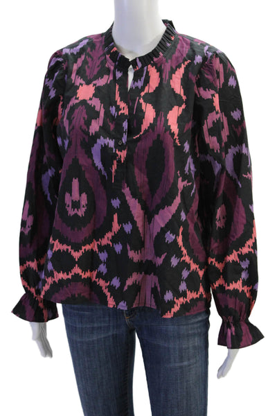 Maude Vivante Womens Long Sleeve V Neck Ikat Top Black Multi Cotton Size XL