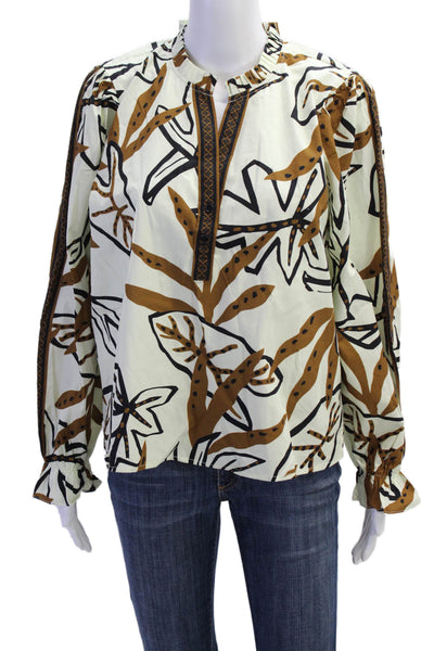 Maude Vivante Womens Long Sleeve V Neck Leaf Printed Top White Brown Size XL