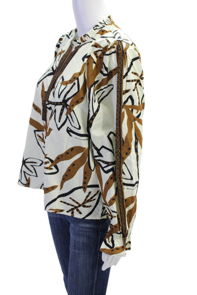 Maude Vivante Womens Long Sleeve V Neck Leaf Printed Top White Brown Size XL