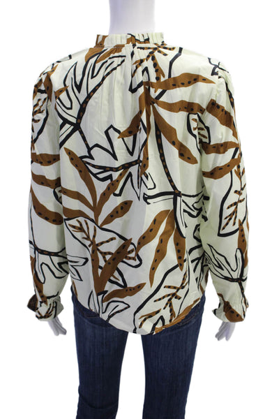 Maude Vivante Womens Long Sleeve V Neck Leaf Printed Top White Brown Size XL