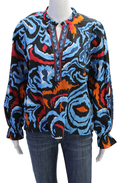 Maude Vivante Womens Long Sleeve Ikat Damask Ashley Top Blue Black Size XL