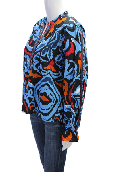Maude Vivante Womens Long Sleeve Ikat Damask Ashley Top Blue Black Size XL