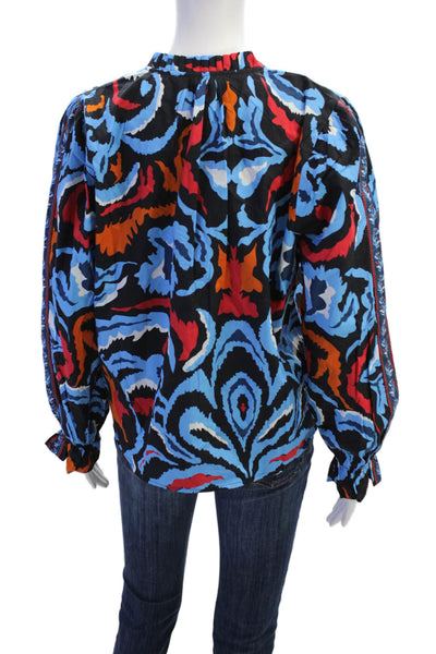 Maude Vivante Womens Long Sleeve Ikat Damask Ashley Top Blue Black Size XL