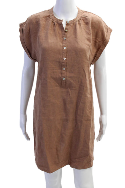 Bella Dahl Womens Short Sleeve Crew Neck Mini Linen Shirt Dress Brown Medium