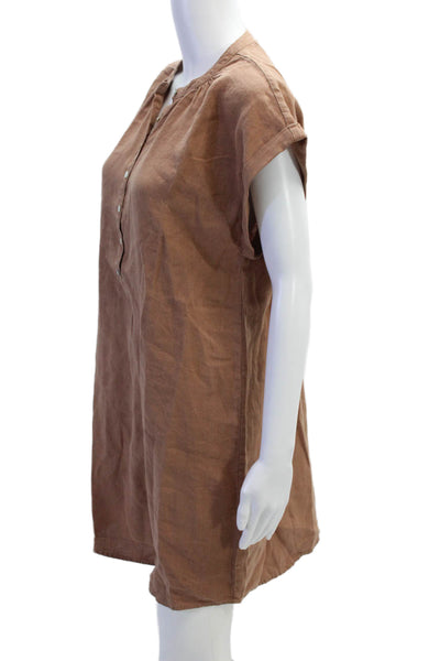Bella Dahl Womens Short Sleeve Crew Neck Mini Linen Shirt Dress Brown Medium