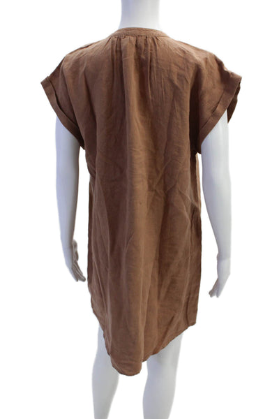 Bella Dahl Womens Short Sleeve Crew Neck Mini Linen Shirt Dress Brown Medium