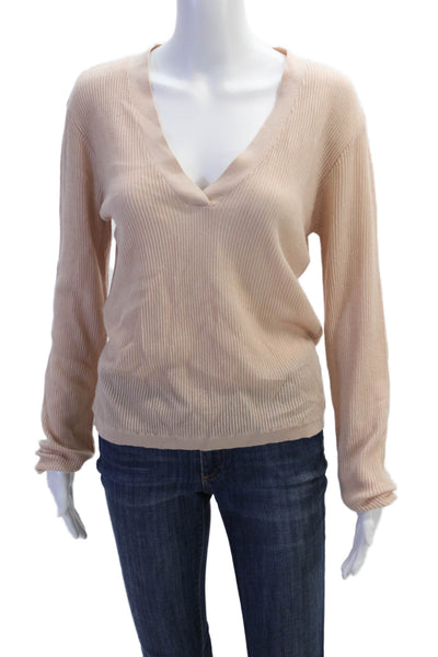 Grey Ven Womens Long Sleeve V Neck Ribbed Knit Sweater Pink Wool Size S/M
