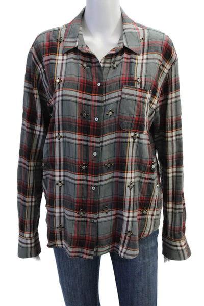 Elizabeth and James Womens Button Front Collared Plaid Shirt Gray Red Size 6