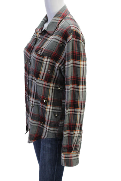 Elizabeth and James Womens Button Front Collared Plaid Shirt Gray Red Size 6