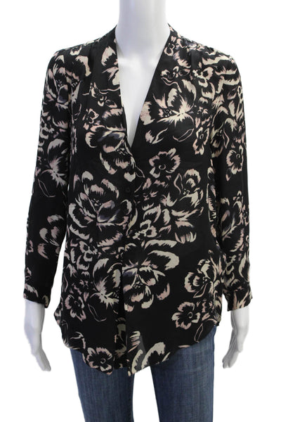 Rebecca Taylor Womens Long Sleeve Button Front Floral Silk Top Black Size 6