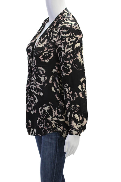 Rebecca Taylor Womens Long Sleeve Button Front Floral Silk Top Black Size 6