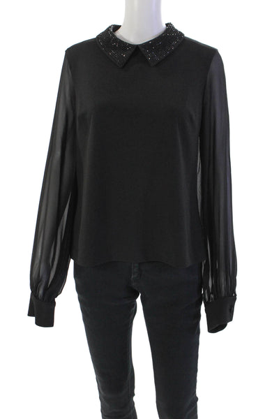Halston Womens Embellished Collar Zip Long Sheer Sleeve Blouse Top Black Size M