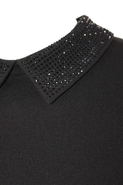 Halston Womens Embellished Collar Zip Long Sheer Sleeve Blouse Top Black Size M