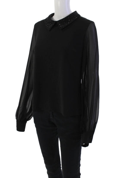 Halston Womens Embellished Collar Zip Long Sheer Sleeve Blouse Top Black Size M