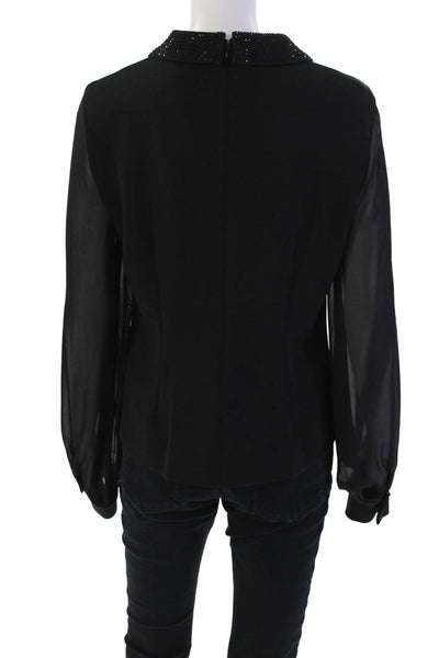 Halston Womens Embellished Collar Zip Long Sheer Sleeve Blouse Top Black Size M