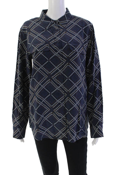 Equipment Femme Womens Silk Geometric Print Button Down Blouse Navy Blue Size La