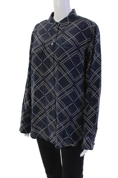 Equipment Femme Womens Silk Geometric Print Button Down Blouse Navy Blue Size La