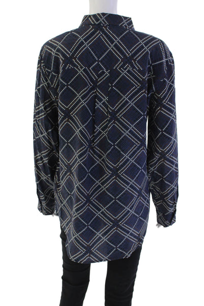 Equipment Femme Womens Silk Geometric Print Button Down Blouse Navy Blue Size La