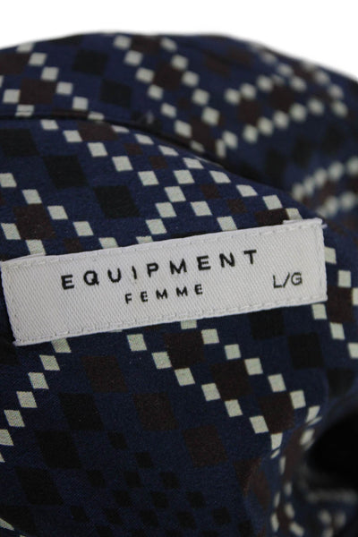 Equipment Femme Womens Silk Geometric Print Button Down Blouse Navy Blue Size La