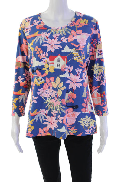 J. Mclaughlin Womens Womens Round Neck Floral House Print Blouse Blue Size XL