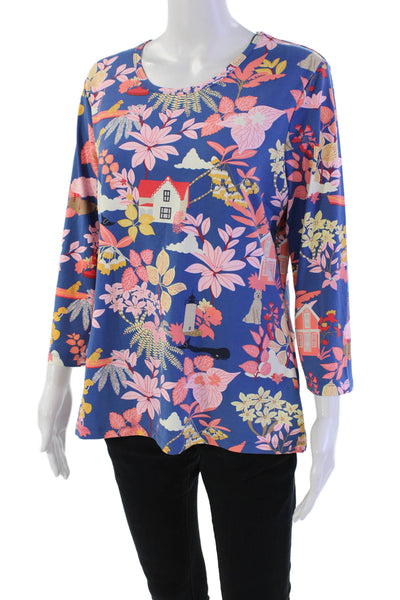J. Mclaughlin Womens Womens Round Neck Floral House Print Blouse Blue Size XL