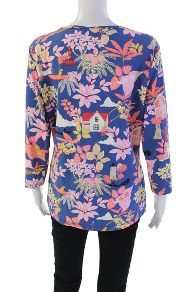 J. Mclaughlin Womens Womens Round Neck Floral House Print Blouse Blue Size XL