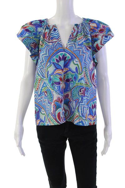 Marie Oliver Womens Cotton Ruffled Cap Sleeve V-Neck Blouse Blue Size 3
