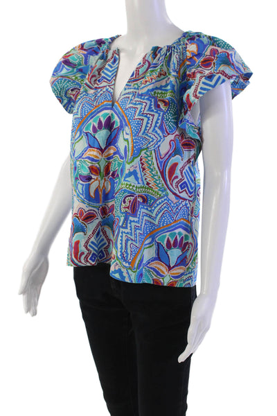 Marie Oliver Womens Cotton Ruffled Cap Sleeve V-Neck Blouse Blue Size 3