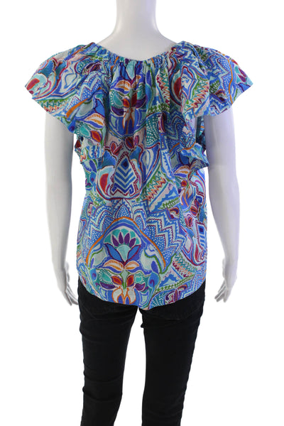 Marie Oliver Womens Cotton Ruffled Cap Sleeve V-Neck Blouse Blue Size 3