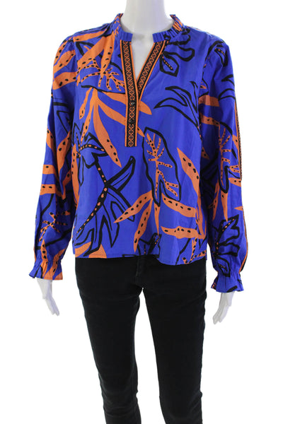 Maude Vivante Womens Cotton Abstract Print Pleated Collar Blouse Blue Size XL