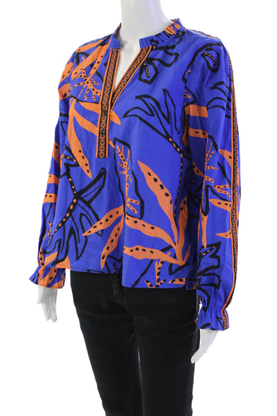 Maude Vivante Womens Cotton Abstract Print Pleated Collar Blouse Blue Size XL
