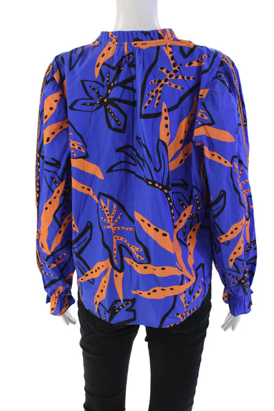 Maude Vivante Womens Cotton Abstract Print Pleated Collar Blouse Blue Size XL
